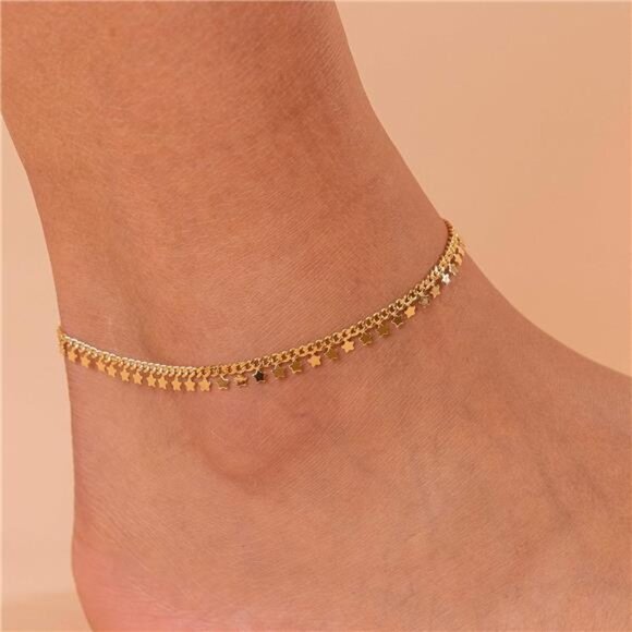 14K Gold Plated Charm Link Chain Anklets for Women | Dainty Cubic Zirconia Boho - Picture 2 of 6